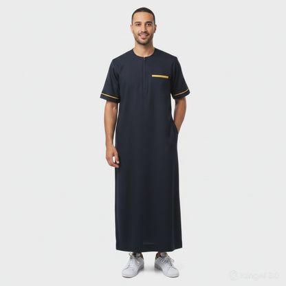Qamis  homme coton noir manche courte